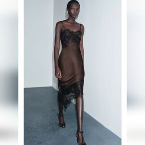 Zara Asymmetrical Brown Dress with Black Lace